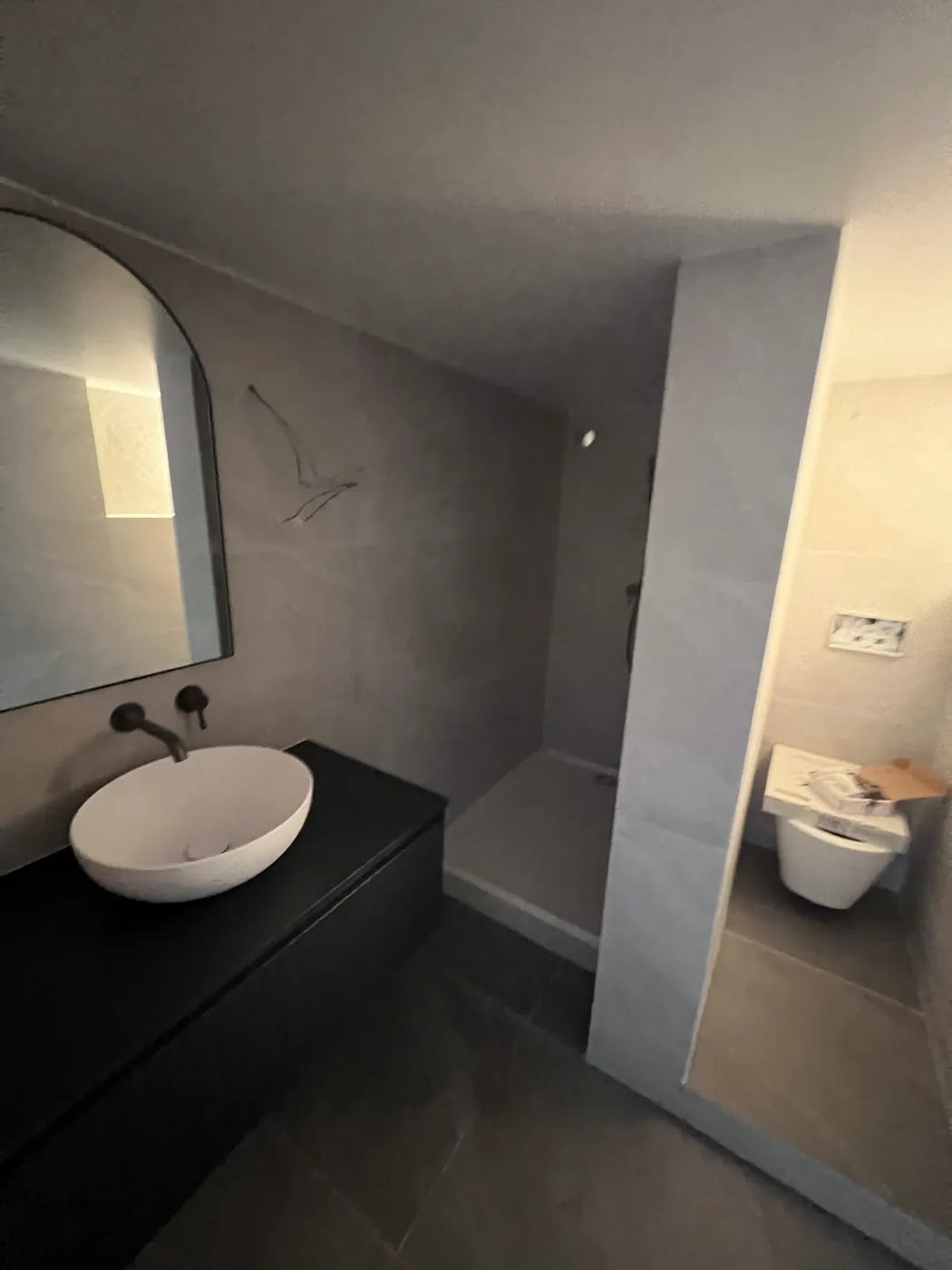 Salle d'eau en béton ciré avec vasque ronde, douche à l'italienne et WC suspendu