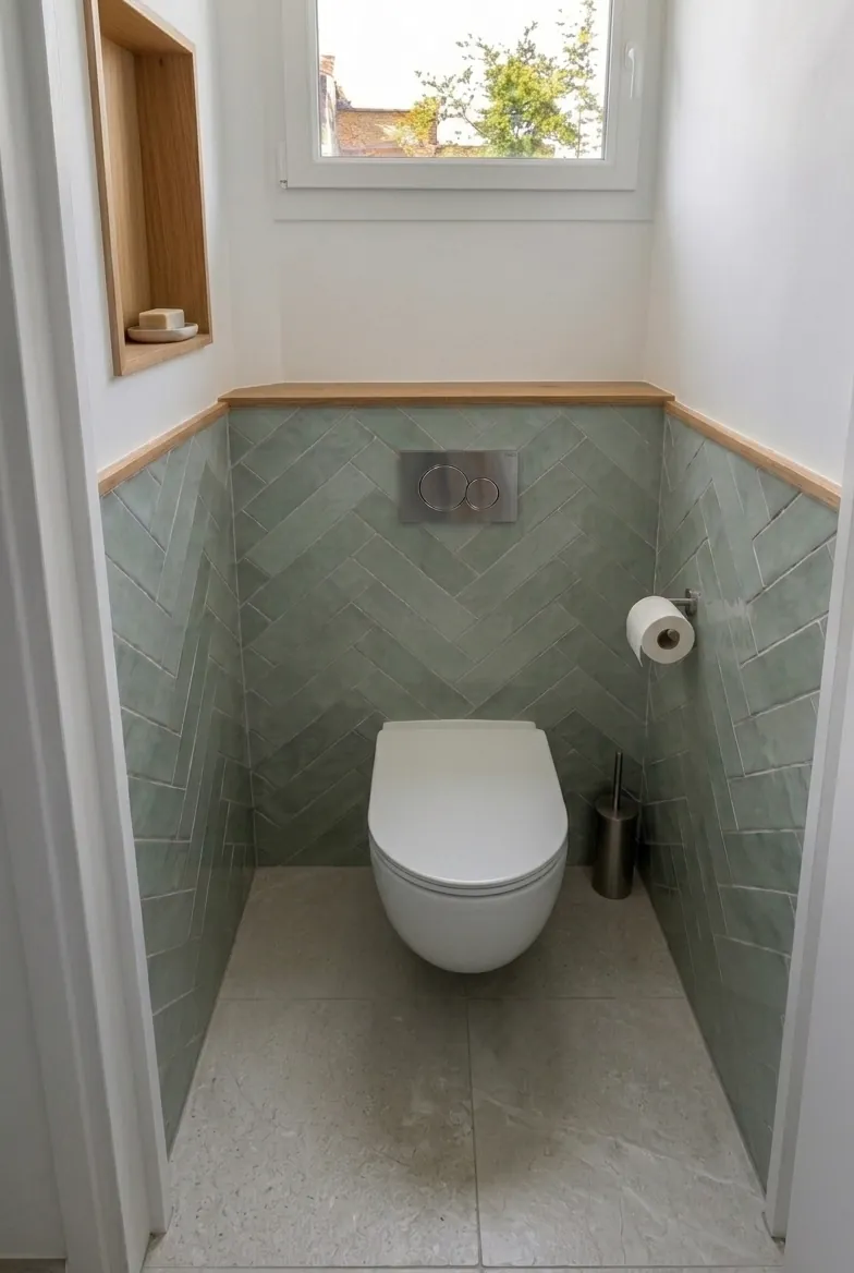 WC rénové : faïence verte posée en chevrons, WC suspendu et tablette en bois